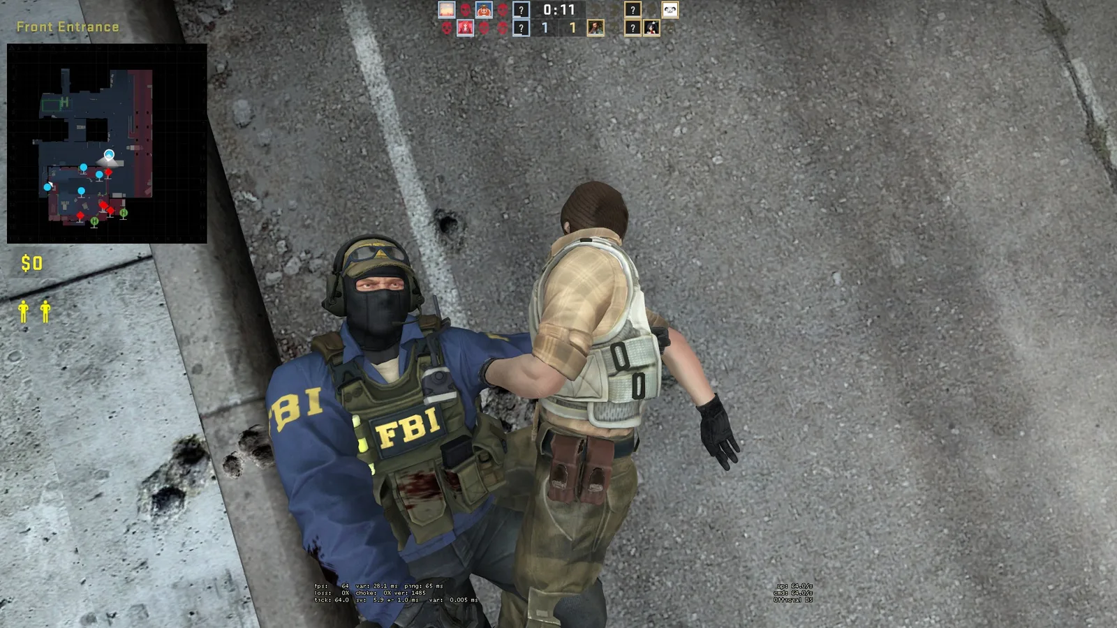 A CS:GO terrorist and counter-terrorist standing together