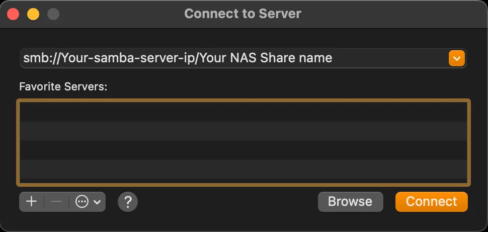 The Connect to Server dialog with the smb address filled in
