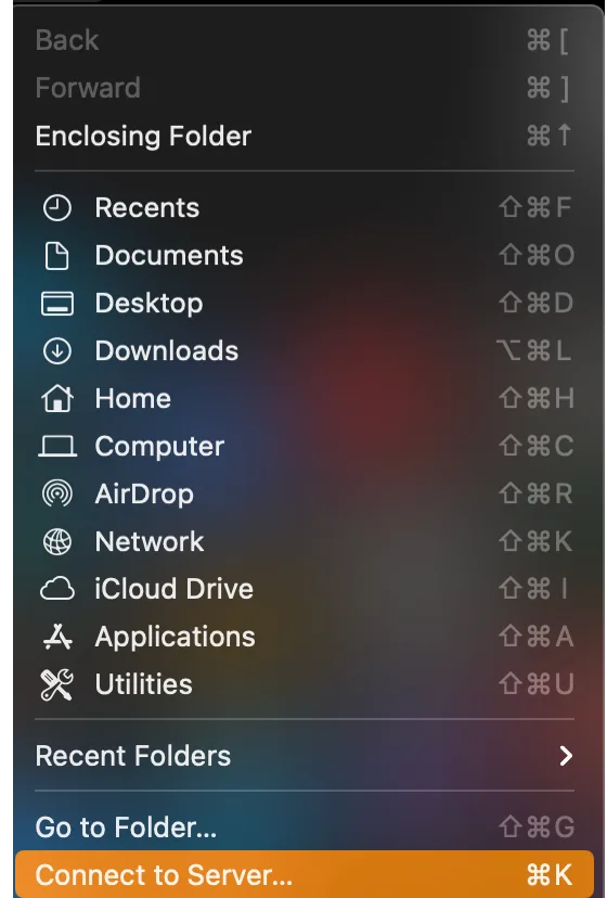 The Go menu with Connect to Server highlighted