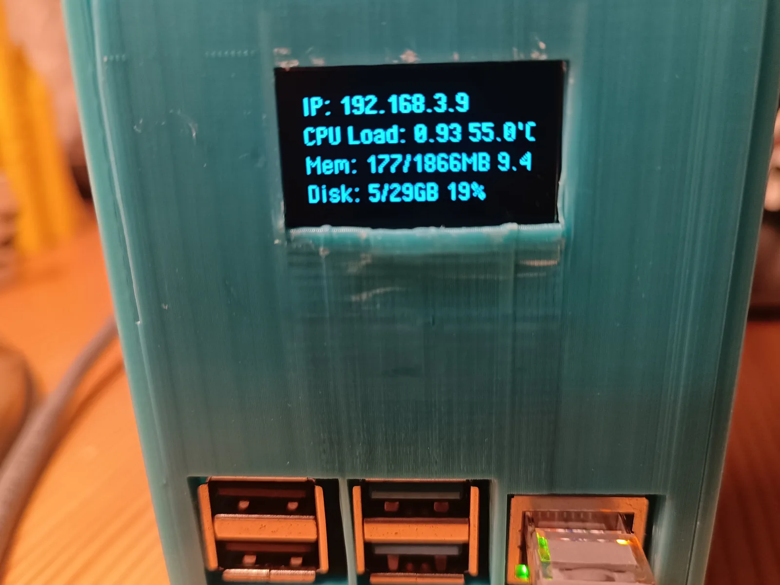 The NAS running, with the I2C display lit up